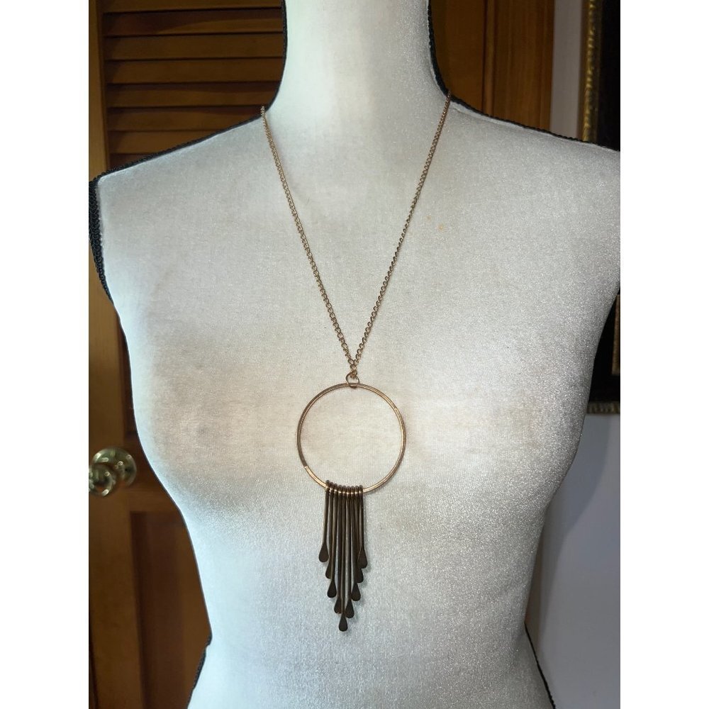 Circle Pendant and Arrow Tab Brass Necklace -- 26"